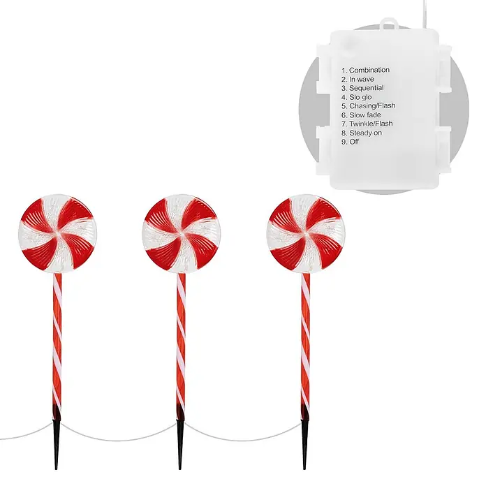 ECD Germany LED-Weihnachtsdekofigur Lollipop-Weihnachtsweg Weihnachten Lutscher Lichterkette Gartenleuchte - 300 x 18 x 62 cm, Rot, Weiß, Akkubetrieben, LED - Drei rot-weiße Zuckerstangen-Gartensteckerleuchten mit Steuerbox für Lichtmodi.