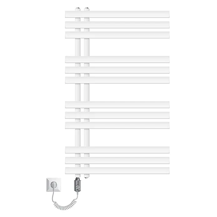 LuxeBath Elektro-Badheizkörper Design Handtuchheizkörper Handtuchwärmer Elektrisch mit Heizstab 300W - B x H: 60 x 100 mm - Weißer elektrischer Handtuchheizkörper mit flachen horizontalen Stäben, vertikalen Rohren, Thermostat und Spiralkabel.