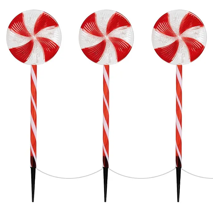 ECD Germany LED-Weihnachtsdekofigur Lollipop-Weihnachtsweg Weihnachten Lutscher Lichterkette Gartenleuchte - 300 x 18 x 62 cm, Rot, Weiß, Akkubetrieben, LED - Dreier-Set rot-weiß gestreifter Lutscher-Gartenleuchten mit Erdspießen, verbunden durch ein dünnes Kabel.