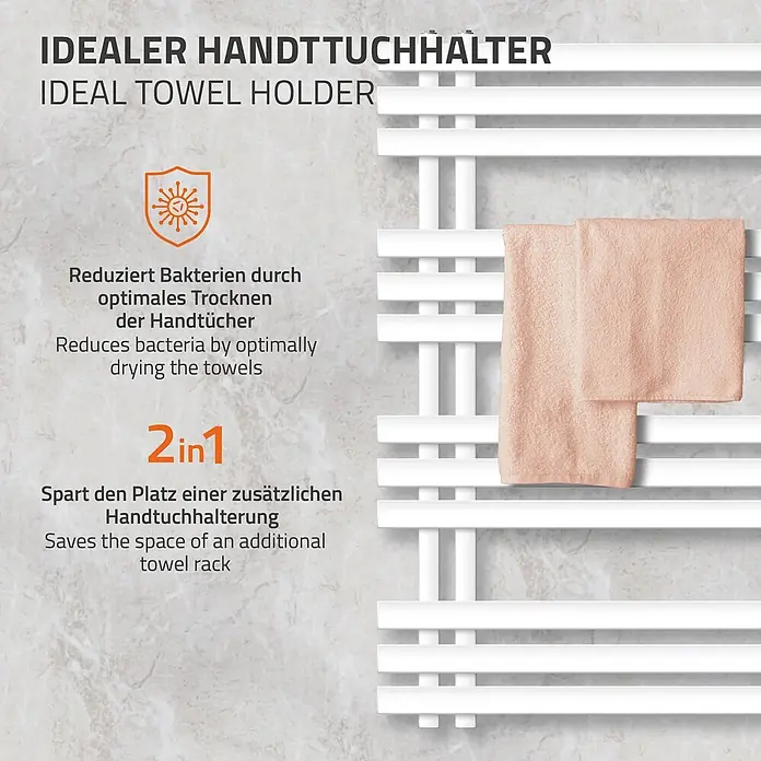 LuxeBath Elektro-Badheizkörper Design Handtuchheizkörper Handtuchwärmer Elektrisch mit Heizstab 300W - B x H: 60 x 100 mm - Weißer wandmontierter Handtuchwärmer mit zwei pfirsichfarbenen Handtüchern.