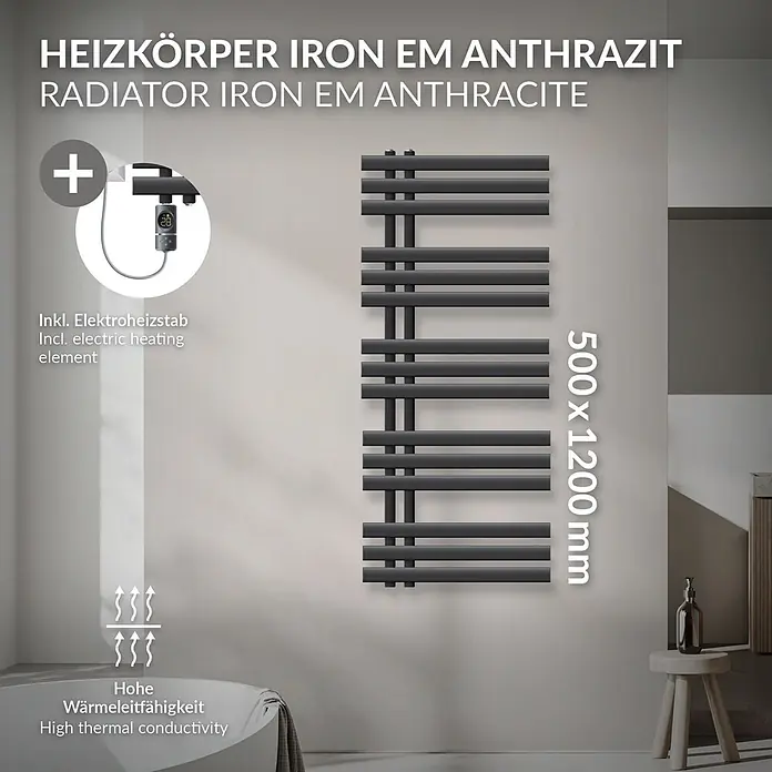 LuxeBath Elektro-Badheizkörper Handtuchheizkörper Elektrisch mit Heizstab 500x1200 mm Anthrazit 900W -  - Dunkelgrauer Heizkörper Iron EM Anthrazit (500x1200 mm) mit Elektroheizstab in einem Badezimmer. Hohe Wärmeleitfähigkeit.