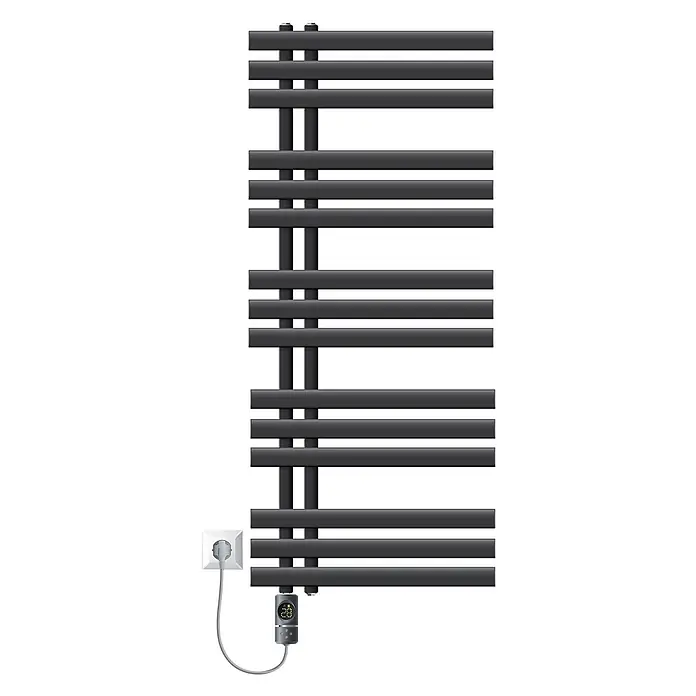 LuxeBath Elektro-Badheizkörper Handtuchheizkörper Elektrisch mit Heizstab 500x1200 mm Anthrazit 900W -  - Schwarzer elektrischer Handtuchheizkörper mit Digitalthermostat, an Steckdose angeschlossen.