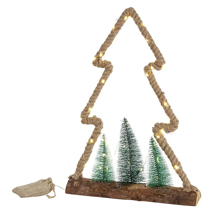 ECD Germany LED-Weihnachtsdekofigur Dekobaum beleuchtete Winterlandschaft Tannenbaum Deko Holzbaum - Braun, Grün, Akkubetrieben, LED - Weihnachtsbaumrahmen aus Seil mit warmweißen LED-Lichtern, Holzsockel und drei gefrosteten Minibäumen. Inkl. Jutebeutel für Batterien.