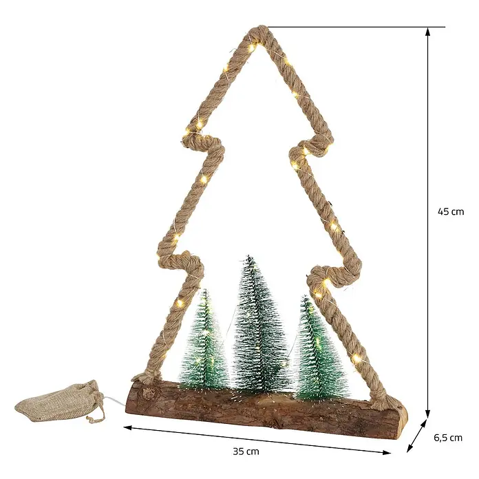 ECD Germany LED-Weihnachtsdekofigur Dekobaum beleuchtete Winterlandschaft Tannenbaum Deko Holzbaum - Braun, Grün, Akkubetrieben, LED - Beleuchtete Weihnachtsbaum-Dekoration aus Seil und Holz mit kleinen Kunstbäumen.