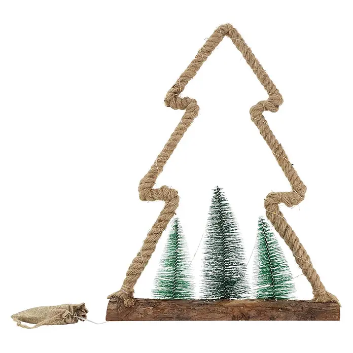ECD Germany LED-Weihnachtsdekofigur Dekobaum beleuchtete Winterlandschaft Tannenbaum Deko Holzbaum - Braun, Grün, Akkubetrieben, LED - Weihnachtsbaumdekoration aus Seil mit Minibürstenbäumen, Holzsockel und Lichterkette, angetrieben von einem kleinen Jutesack.