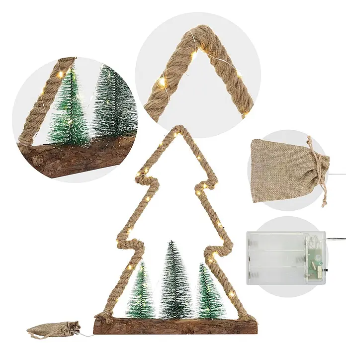 ECD Germany LED-Weihnachtsdekofigur Dekobaum beleuchtete Winterlandschaft Tannenbaum Deko Holzbaum - Braun, Grün, Akkubetrieben, LED - Weihnachtsbaum-Deko aus Seil mit Lichterkette, drei kleinen Kunstbäumen auf Holzsockel und Batteriesäckchen.