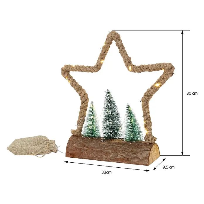ECD Germany LED-Weihnachtsdekofigur Dekobaum beleuchtete Winterlandschaft Tannenbaum Deko Holzbaum - Braun, Grün, Netzbetrieben, LED - Beleuchteter Seilstern mit Mini-Weihnachtsbäumen auf Holzsockel, dazu ein Batteriefachbeutel.