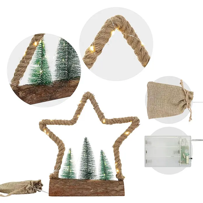 ECD Germany LED-Weihnachtsdekofigur Dekobaum beleuchtete Winterlandschaft Tannenbaum Deko Holzbaum - Braun, Grün, Netzbetrieben, LED - Sternförmige Juteseil-Dekoration mit warmen LEDs, drei Mini-Weihnachtsbäumen auf Holzsockel und verstecktem Batteriefach im Jutesäckchen.