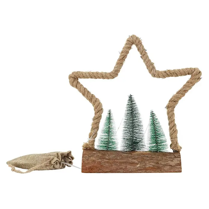 ECD Germany LED-Weihnachtsdekofigur Dekobaum beleuchtete Winterlandschaft Tannenbaum Deko Holzbaum - Braun, Grün, Netzbetrieben, LED - Sternförmige Seildekoration mit Lichterkette, Holzsockel, drei Mini-Tannenbäumen und einem Jutesäckchen für das Batteriefach.