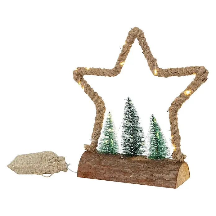 ECD Germany LED-Weihnachtsdekofigur Dekobaum beleuchtete Winterlandschaft Tannenbaum Deko Holzbaum - Braun, Grün, Netzbetrieben, LED - Sternförmige Weihnachtsdeko aus Seil mit Lichtern, Holzboden mit drei künstlichen Tannenbäumen und einem Jutesack.