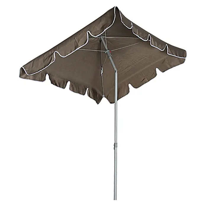 Sunfun Balkonschirm Messina II - Taupe, Bespannungsmaß (L x B): 180 x 120 cm - Brauner quadratischer Sonnenschirm mit weißer Bordüre und silbernem Mast für den Außenbereich.