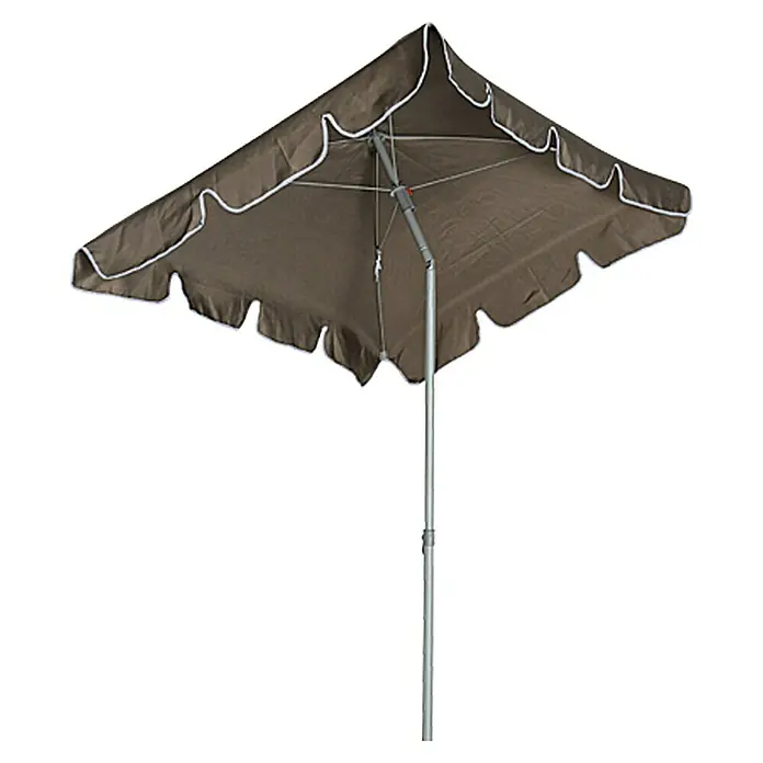 Sunfun Balkonschirm Messina II - Taupe, Bespannungsmaß (L x B): 180 x 120 cm - Brauner quadratischer Sonnenschirm mit weißer Bordüre und silbernem Mast für den Außenbereich.