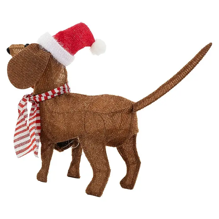 ECD Germany LED-Weihnachtsdekofigur LED Weihnachten Hund Dackel Gartenfigur Hundefigur Batteriebetriebene - Braun, Akkubetrieben, LED - Braune, texturierte Hunde-Weihnachtsdekoration mit roter Weihnachtsmütze und rot-weiß gestreiftem Schal.