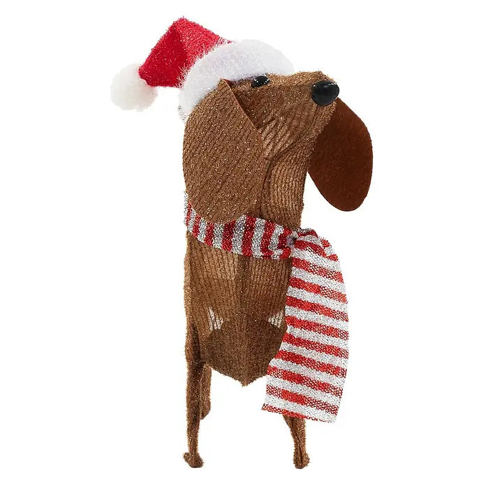 ECD Germany LED-Weihnachtsdekofigur LED Weihnachten Hund Dackel Gartenfigur Hundefigur Batteriebetriebene - Braun, Akkubetrieben, LED - Braune, texturierte Dackel-Dekoration mit roter und weißer Weihnachtsmütze und rot-silber gestreiftem Schal.