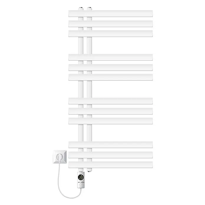 LuxeBath Elektro-Badheizkörper Design Handtuchheizkörper Handtuchwärmer Elektrisch mit Heizstab 600W -  - Weißer elektrischer Handtuchheizkörper mit flachen Horizontalstangen und digitalem Thermostat, an Steckdose angeschlossen.