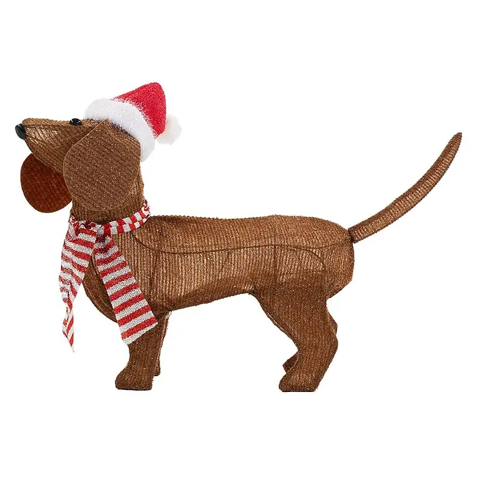 ECD Germany LED-Weihnachtsdekofigur LED Weihnachten Hund Dackel Gartenfigur Hundefigur Batteriebetriebene - Braun, Akkubetrieben, LED - Braune, texturierte Dackel-Weihnachtsdeko mit Weihnachtsmütze und rot-weiß gestreiftem Schal.
