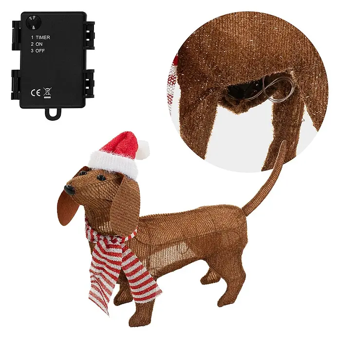 ECD Germany LED-Weihnachtsdekofigur LED Weihnachten Hund Dackel Gartenfigur Hundefigur Batteriebetriebene - Braun, Akkubetrieben, LED - Festliche braune glitzernde Dackel-Dekoration mit Weihnachtsmütze und gestreiftem Schal, mit sichtbarer Batteribox für Timersteuerung.