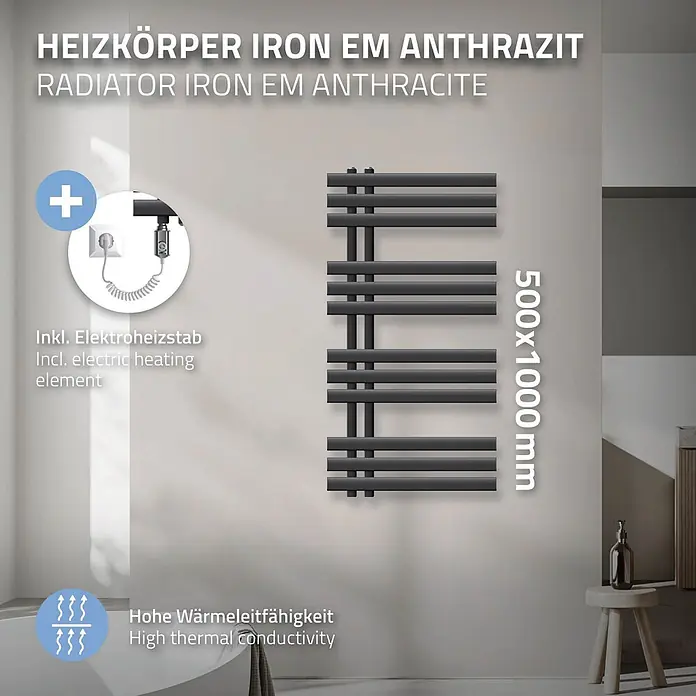 LuxeBath Elektro-Badheizkörper Handtuchheizkörper Elektrisch mit Heizstab 500x1000mm Anthrazit 300W -  - Dunkelgrauer elektrischer Handtuchheizkörper (500x1000mm) mit hoher Wärmeleitfähigkeit.