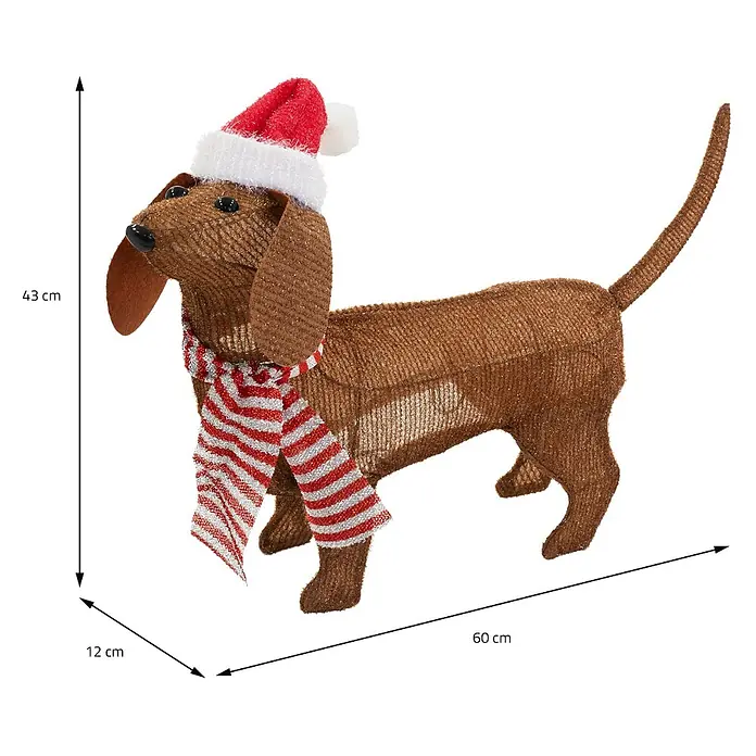 ECD Germany LED-Weihnachtsdekofigur LED Weihnachten Hund Dackel Gartenfigur Hundefigur Batteriebetriebene - Braun, Akkubetrieben, LED - Braune, geflochtene Dackel-Dekoration mit Weihnachtsmütze und gestreiftem Schal, 43x60x12 cm.