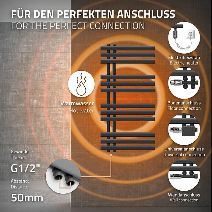 LuxeBath Elektro-Badheizkörper Handtuchheizkörper Elektrisch mit Heizstab 500x1000mm Anthrazit 300W -  - Schwarzer Handtuchheizkörper mit Warmwasser- und Elektroheizoptionen, Boden-, Universal- und Wandanschluss, G1/2" Gewinde, 50mm Abstand.