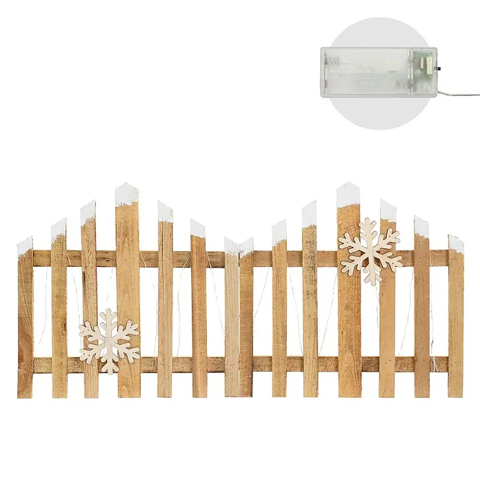 ECD Germany LED-Weihnachtsdekofigur Deko Holz Zaun Mini Gartenzaun Mini-Lattenzaun mit LED Winter Gatter - 2 x 77 x 38 cm, Braun, Akkubetrieben, LED - Dekorativer Holzzaun mit weiß gestrichenen Spitzen, Holzschneeflocken und integrierter batteriebetriebener Lichterkette für Weihnachtsdeko.