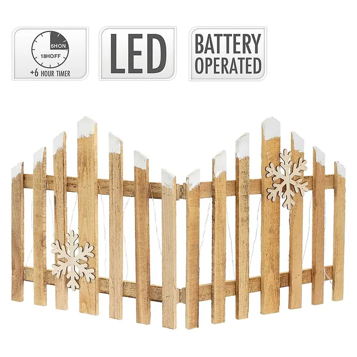 ECD Germany LED-Weihnachtsdekofigur Deko Holz Zaun Mini Gartenzaun Mini-Lattenzaun mit LED Winter Gatter - 2 x 77 x 38 cm, Braun, Akkubetrieben, LED - Eine helle Lattenzaun-Dekoration aus Holz mit weiß gestrichenen Spitzen, zwei Holzschneeflocken und LED-Lichterkette. Batteriebetrieben mit 6-Stunden-Timer.