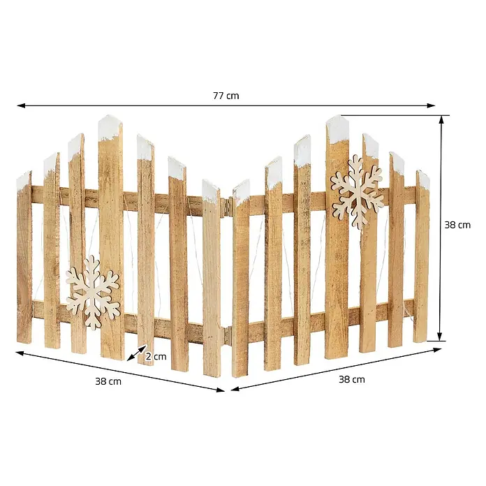 ECD Germany LED-Weihnachtsdekofigur Deko Holz Zaun Mini Gartenzaun Mini-Lattenzaun mit LED Winter Gatter - 2 x 77 x 38 cm, Braun, Akkubetrieben, LED - Dekorativer Holzzaun, 77x38 cm, mit weiß lackierten Spitzen, Schneeflocken und Lichterkette. Klappbar.