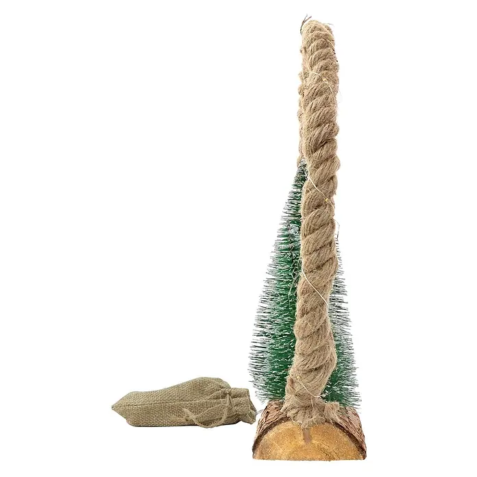 ECD Germany LED-Weihnachtsdekofigur Dekobaum beleuchtete Winterlandschaft Tannenbaum Deko Holzbaum - Braun, Grün, Akkubetrieben, LED - Kleine künstliche Weihnachtsbaumdekoration mit Seil, Lichtern, Holzsockel und Jutesack.
