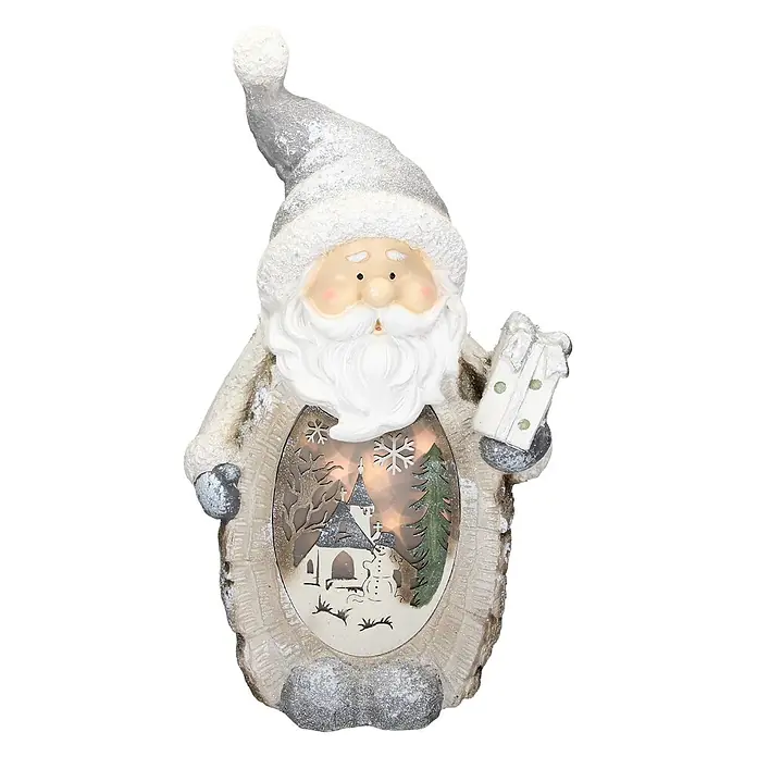 ECD Germany LED-Weihnachtsdekofigur 3D Deko Aufsteller Ornament Weihnacht Dekofigur - Weiß, Grau, Akkubetrieben, LED - Festliche Weihnachtsmannfigur mit LED-beleuchteter Winterszene und Glitzerdetails, hält ein kleines Geschenk.