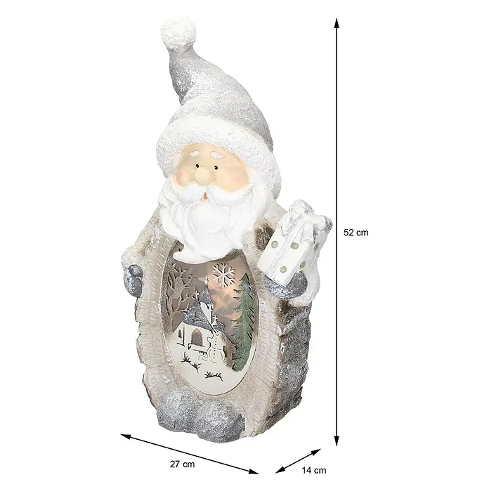 ECD Germany LED-Weihnachtsdekofigur 3D Deko Aufsteller Ornament Weihnacht Dekofigur - Weiß, Grau, Akkubetrieben, LED - Glitzernde Weihnachtsmannfigur in Weiß/Silber mit Geschenk, beleuchteter Winterszene im Inneren.