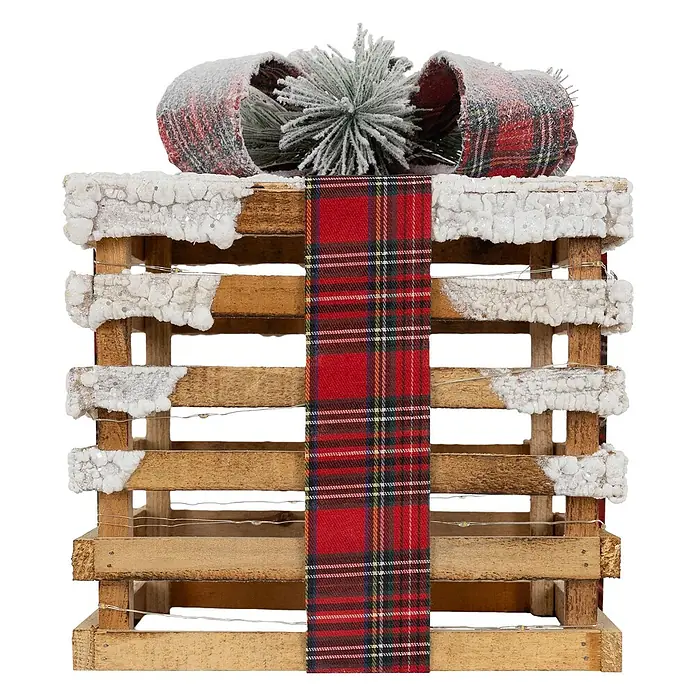 ECD Germany LED-Weihnachtsdekofigur LED Dekolicht Geschenkboxen Weihnacht Dekoobjekt - 26 x 26 x 28 cm, Braun, Rot, Grün, Akkubetrieben, LED - Holzkiste als Weihnachtsgeschenk dekoriert mit rotem Karoband, Schleife, Kunstschnee und Lichterkette.