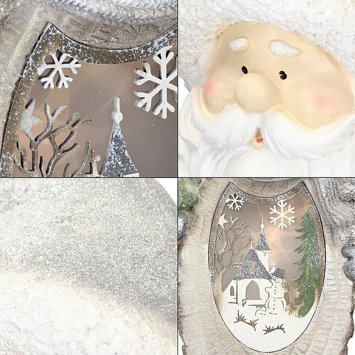 ECD Germany LED-Weihnachtsdekofigur 3D Deko Aufsteller Ornament Weihnacht Dekofigur - Weiß, Grau, Akkubetrieben, LED - Weihnachtsmann-Deko mit glitzernder Winterszene, die eine Kirche, einen Schneemann und Schneeflocken zeigt.