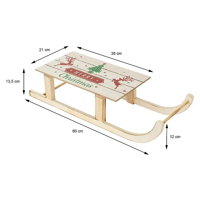 ECD Germany LED-Weihnachtsdekofigur Dekoschlitten Retro Rodel Holzschlitten Winterdeko - 60 x 21 x 13,5 cm, Braun, Akkubetrieben, LED - Kleine hölzerne Deko-Weihnachtsschlitten mit 'Merry Christmas' Schriftzug und Festmotiven.