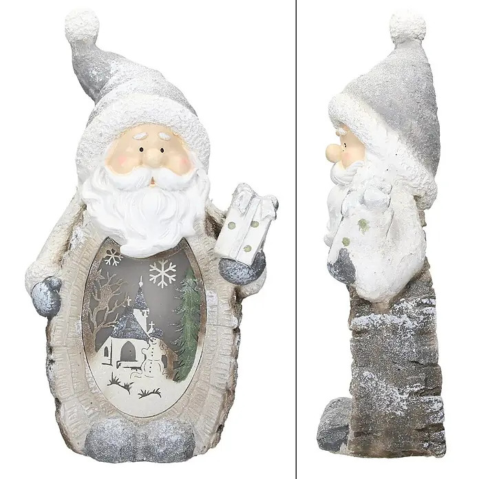 ECD Germany LED-Weihnachtsdekofigur 3D Deko Aufsteller Ornament Weihnacht Dekofigur - Weiß, Grau, Akkubetrieben, LED - Glitzernde grau-weiße Weihnachtsmann-Figur mit gerahmter Winterszene: Kirche, Bäume, Schneemann.