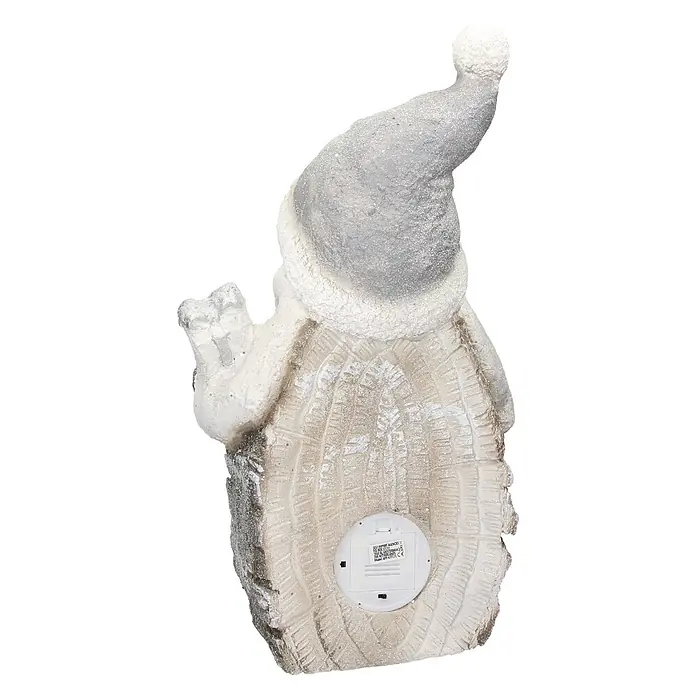 ECD Germany LED-Weihnachtsdekofigur 3D Deko Aufsteller Ornament Weihnacht Dekofigur - Weiß, Grau, Akkubetrieben, LED - Rückseite einer weiß-silbernen Glitzer-Weihnachtsmannfigur mit sichtbarem Batteriefach.