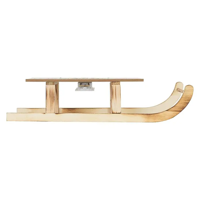 ECD Germany LED-Weihnachtsdekofigur Dekoschlitten Retro Rodel Holzschlitten Winterdeko - 42 x 16 x 9,5 cm, Braun, Akkubetrieben, LED - Dekorativer Holzschlitten mit flacher Plattform, zwei Stützen und Kufen. Eine kleine Lichteinheit ist unter der Plattform sichtbar.