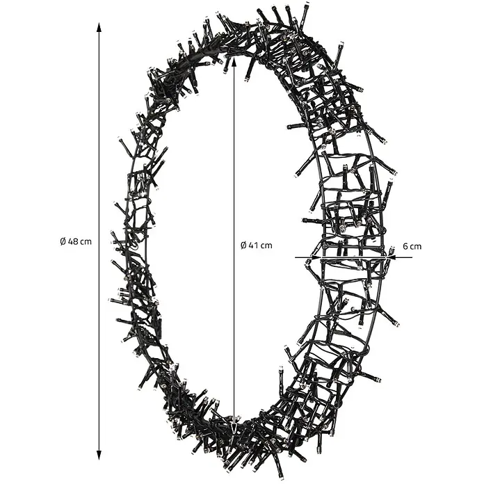 ECD Germany LED-Weihnachtsdekofigur Wandkranz Hängekranz Weihnachts Kranz Lichterkranz Dekorationskranz - 48 x 6 x 48 cm, Schwarz, Netzbetrieben, LED - Schwarze ovale Lichterkette, 48 cm hoch, 41 cm breit, mit einem 6 cm dicken Lichtcluster.