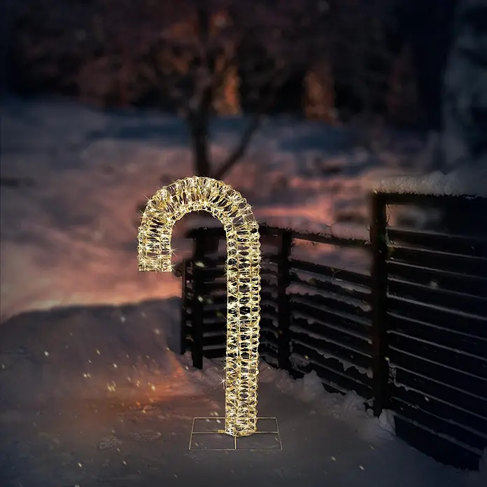 ECD Germany LED-Weihnachtsdekofigur LED-Zuckerstange Weihnachtsbeleuchtung IP44 Wetterfest Candy Cane - Altgold, Netzbetrieben, LED - Klare, facettierte Leucht-Zuckerstange mit warmweißen LEDs, leuchtend in verschneiter Außenkulisse.