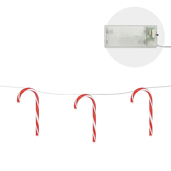 ECD Germany LED-Weihnachtsdekofigur LED Lichterkette Weihnachten Deko Beleuchtung Zuckerstäbe Candy Cane - 330 x 2 x 20 cm, Rot, Weiß, Akkubetrieben, LED - Rot-weiß gestreifte Zuckerstangen-Lichterkette mit transparentem Batteriefach.