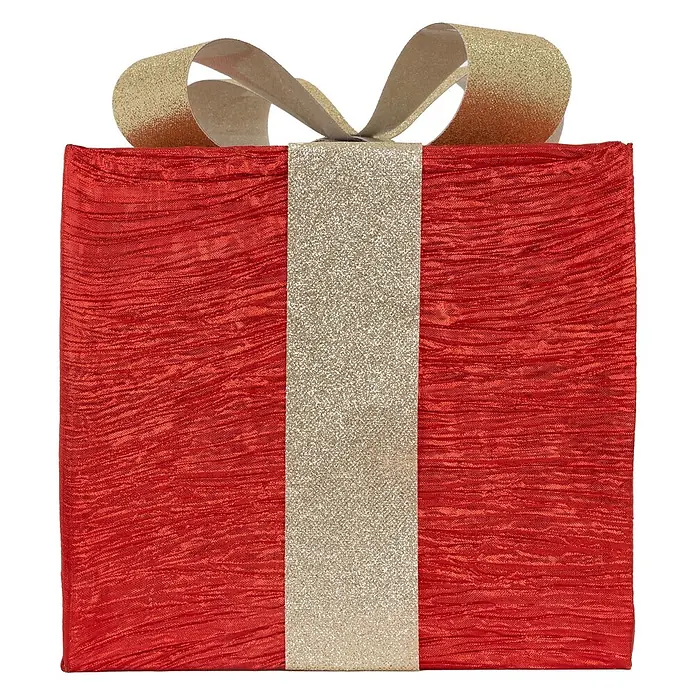 ECD Germany LED-Weihnachtsdekofigur LED Dekolicht Geschenkboxen Weihnacht Dekoobjekt - Rot, Gold, Akkubetrieben, LED - Rotes Geschenkpaket mit zerknittertem Stoff und glitzerndem goldenem Band und Schleife.