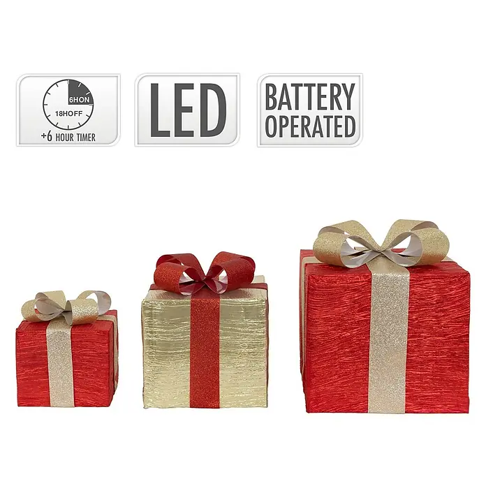 ECD Germany LED-Weihnachtsdekofigur LED Dekolicht Geschenkboxen Weihnacht Dekoobjekt - Rot, Gold, Akkubetrieben, LED - Drei LED-Geschenkboxen in Rot und Gold mit Glitzerschleifen, batteriebetrieben mit 6-Stunden-Timer.