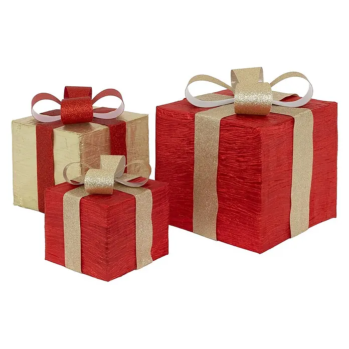 ECD Germany LED-Weihnachtsdekofigur LED Dekolicht Geschenkboxen Weihnacht Dekoobjekt - Rot, Gold, Akkubetrieben, LED - Drei dekorative Geschenkboxen: eine goldene mit rotem Glitzerband, zwei rote mit goldenem Glitzerband, alle mit strukturiertem Stoff und Glitzerschleifen.
