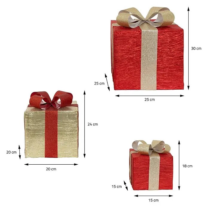 ECD Germany LED-Weihnachtsdekofigur LED Dekolicht Geschenkboxen Weihnacht Dekoobjekt - Rot, Gold, Akkubetrieben, LED - Drei dekorative Geschenkboxen in Rot und Gold, verschiedene Größen mit Schleifen, Maße: 25x25x30 cm, 20x20x24 cm, 15x15x18 cm.