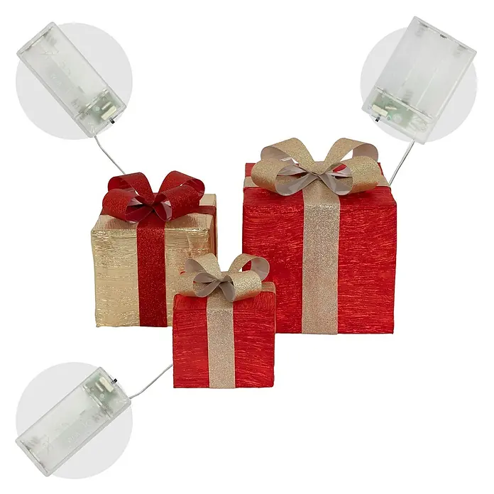 ECD Germany LED-Weihnachtsdekofigur LED Dekolicht Geschenkboxen Weihnacht Dekoobjekt - Rot, Gold, Akkubetrieben, LED - Drei dekorative rot-goldene Geschenkboxen mit Glitzerschleifen, verbunden mit transparenten Batteriekästen zur Beleuchtung.