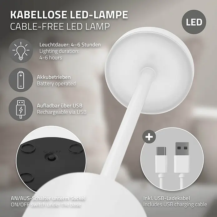 ML-Design LED-Tischleuchte rund Nachttischlampe Weiß 3 Lichtfarben Tragbare Metall Led Lampe - Weiß, Weiß - Weiße, kabellose LED-Lampe mit USB-Ladefunktion und Batteriebetrieb, zeigt Bodenschalter und USB-Kabel.