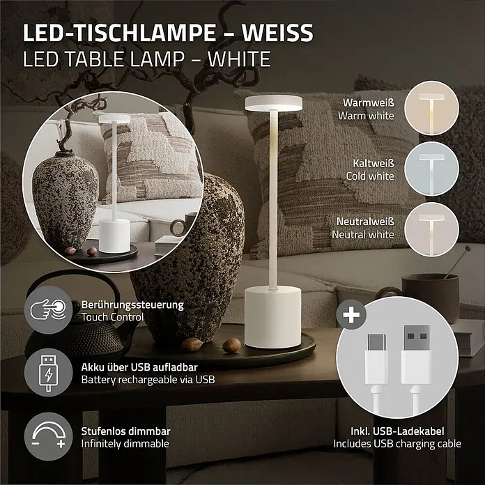 ML-Design LED-Tischleuchte rund Nachttischlampe Weiß 3 Lichtfarben Tragbare Metall Led Lampe - Weiß, Weiß - Weiße LED-Tischlampe mit Touch-Steuerung, USB-aufladbar, stufenlos dimmbar, mit warmem, kaltem und neutralem Licht.