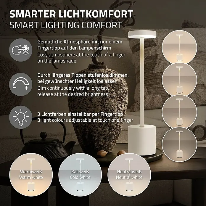 ML-Design LED-Tischleuchte rund Nachttischlampe Weiß 3 Lichtfarben Tragbare Metall Led Lampe - Weiß, Weiß - Eine weiße LED-Tischlampe in einem Wohnzimmer, die Touch-Steuerung zum Dimmen und einstellbare warme, kalte und neutralweiße Lichtfarben zeigt.