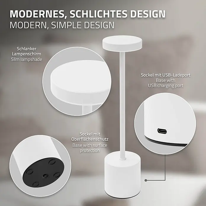 ML-Design LED-Tischleuchte rund Nachttischlampe Weiß 3 Lichtfarben Tragbare Metall Led Lampe - Weiß, Weiß - Weiße, moderne Tischleuchte mit schlankem Design, USB-Ladeanschluss und schützendem Sockel.
