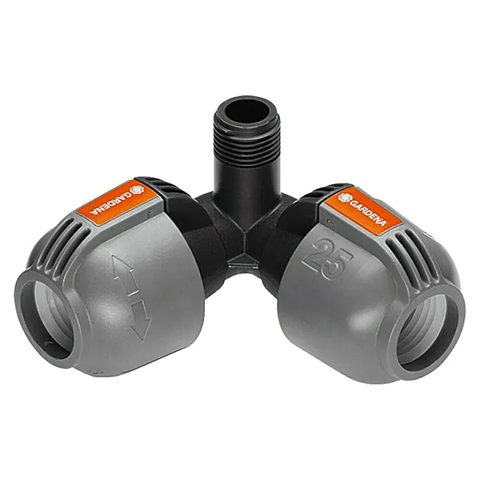 Gardena Sprinklersystem Codo angular - Diámetro: 25 mm, Dimensión conexión: ½″ - Tubo de distribución Gardena Micro-Drip-System para una irrigación eficiente en el jardín. El sistema permite una distribución precisa del agua.