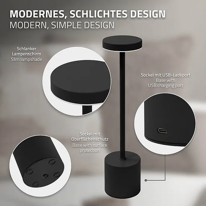 ML-Design LED-Tischleuchte rund Nachttischlampe Schwarz 3 Lichtfarben Tragbare Metall Led Lampe - Schwarz, Schwarz - Schwarze, minimalistische Lampe mit USB-Ladeanschluss und schützendem Basisfuß.